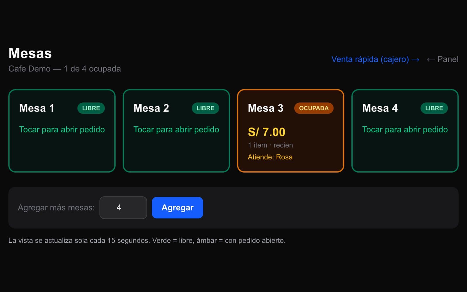 Mesas en tiempo real y quien atiende — Verde libre, ambar ocupada, con el consumo acumulado y el nombre de quien la atiende. La vista se refresca sola cada 15 segundos.