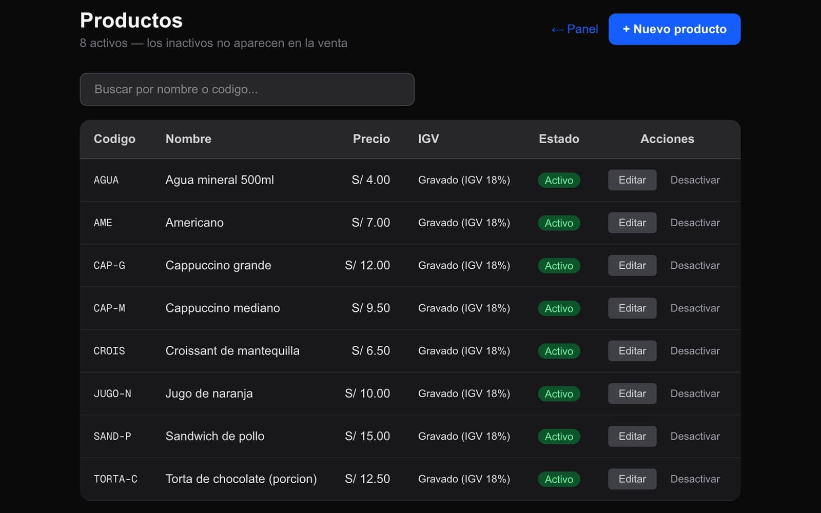 Tu catalogo con el IGV ya resuelto — Cargas el precio final de venta y el sistema desglosa el IGV al centimo. Nada de calcular a mano ni cuadrar diferencias.