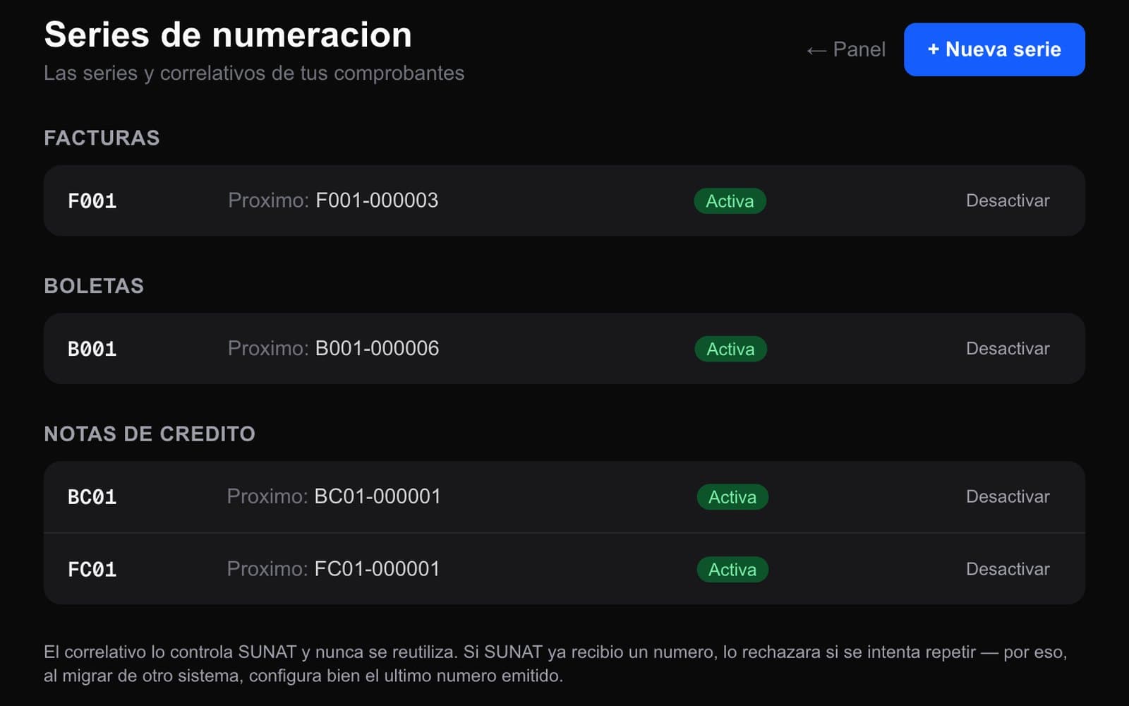 Series y correlativos bajo control — Boletas, facturas y notas de credito con su numeracion continua. Si vienes de otro sistema, configuras el ultimo numero y sigues.