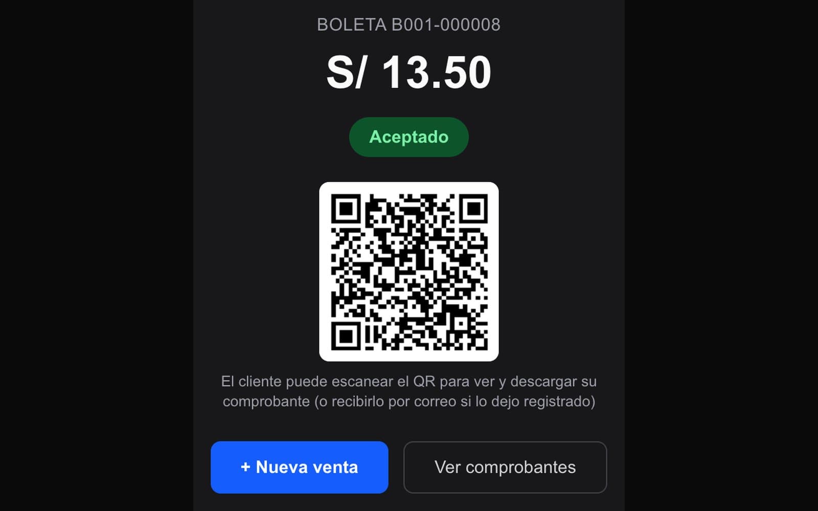Aceptado por SUNAT, con QR al instante — El comprobante llega a SUNAT mientras el cliente guarda su vuelto. Escanea el QR y se lleva su documento, o le llega por correo.