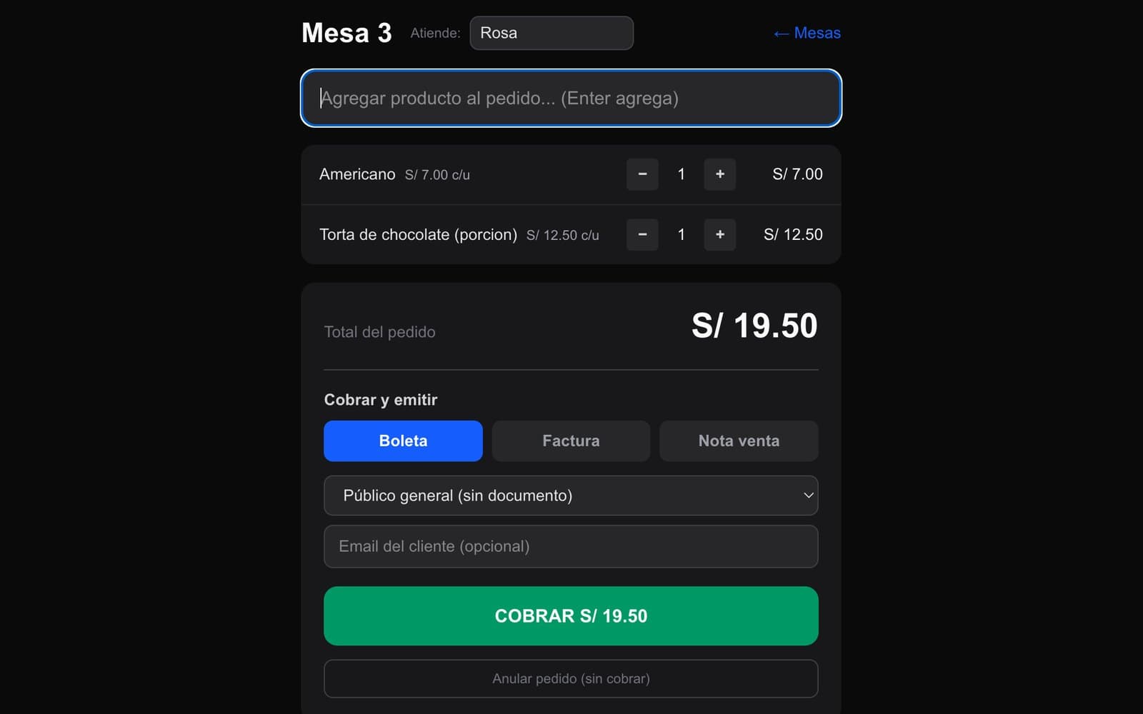El pedido crece durante toda la visita — Vas sumando lo que pide la mesa. Al cerrar, decides si sale boleta, factura o cuenta dividida — el comprobante ya lleva todo.