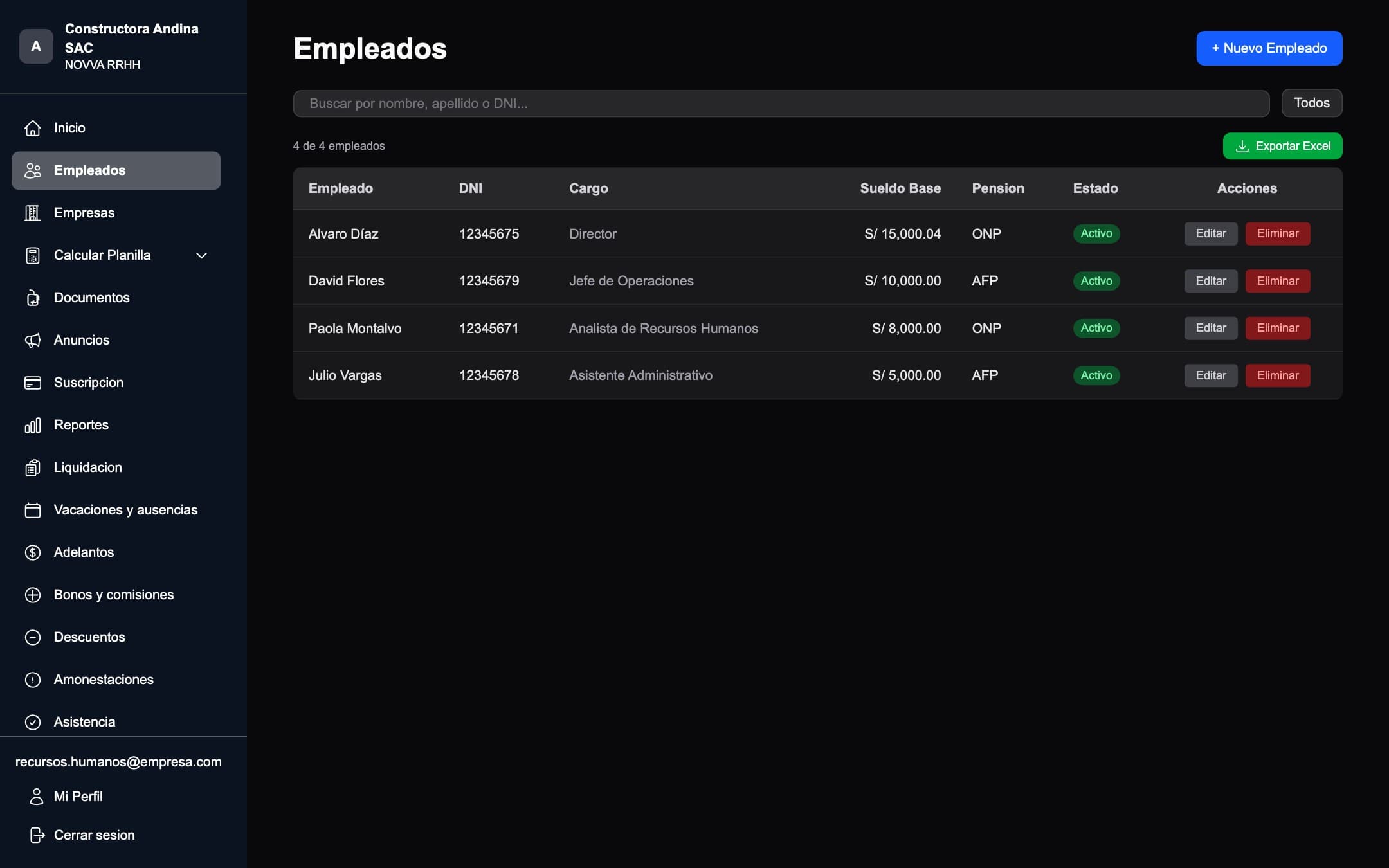 Tu gente, con su regimen y su pension — AFP u ONP, sueldo base, estado. Cada trabajador con lo que la planilla necesita saber para calcular bien.