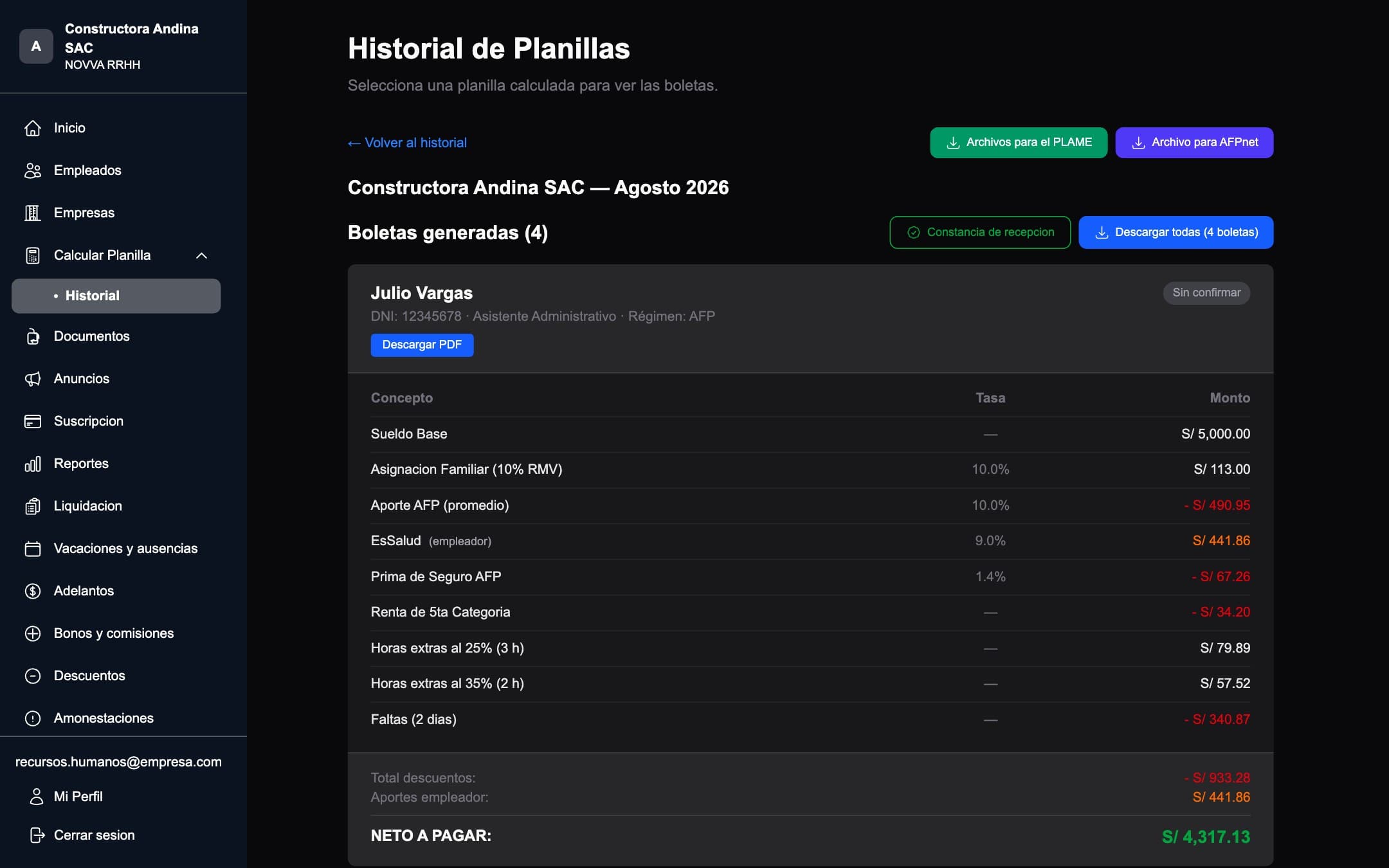 Las boletas, el PLAME y AFPnet — Calculas el mes y salen las boletas de todos con su detalle. Los archivos para el PDT y para AFPnet se descargan de la misma pantalla.