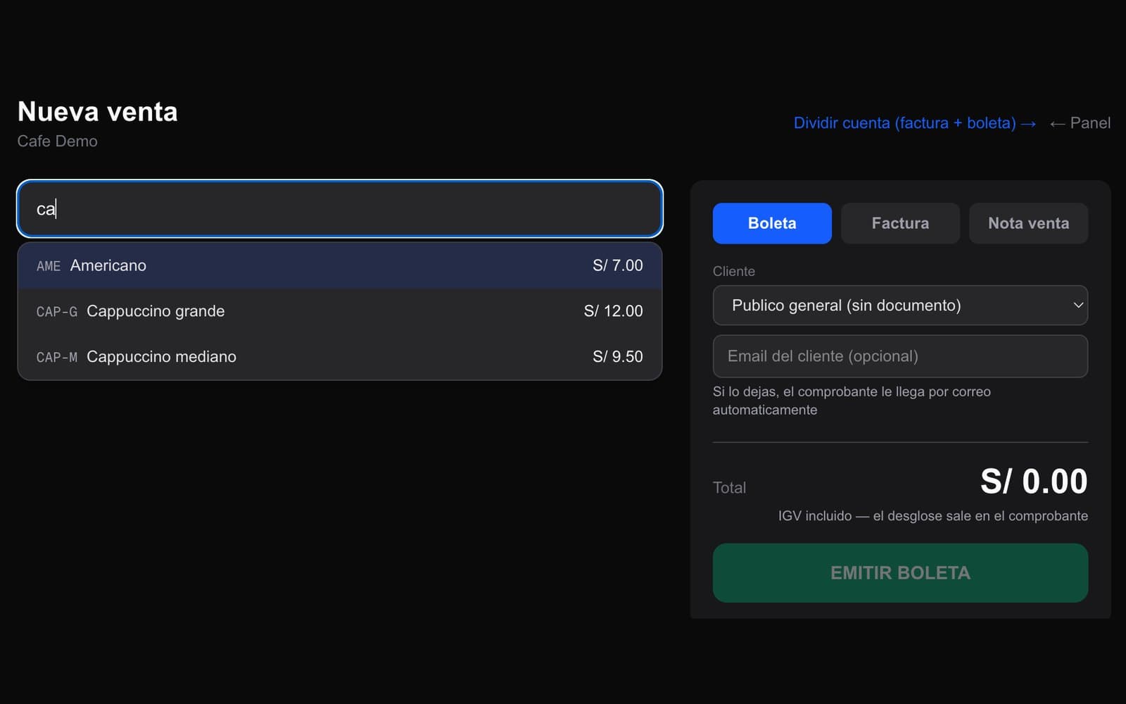 Venta rapida, sin buscar en listas — Escribes dos letras y el producto aparece. Eliges boleta, factura o nota de venta, y cobras. Todo el flujo cabe en una pantalla.